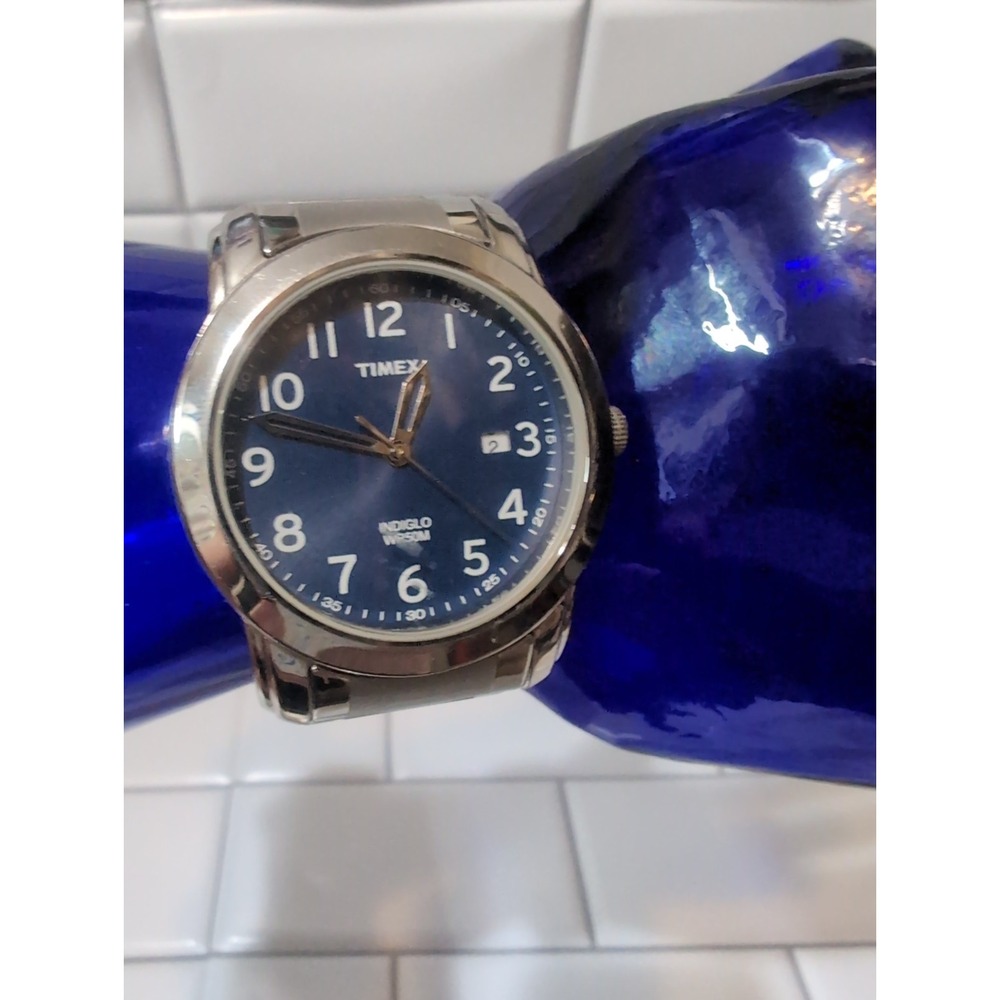 Timex Men's Quartz Watch Blue Arabic Dial Date Silver Stainless Bracelet Parts